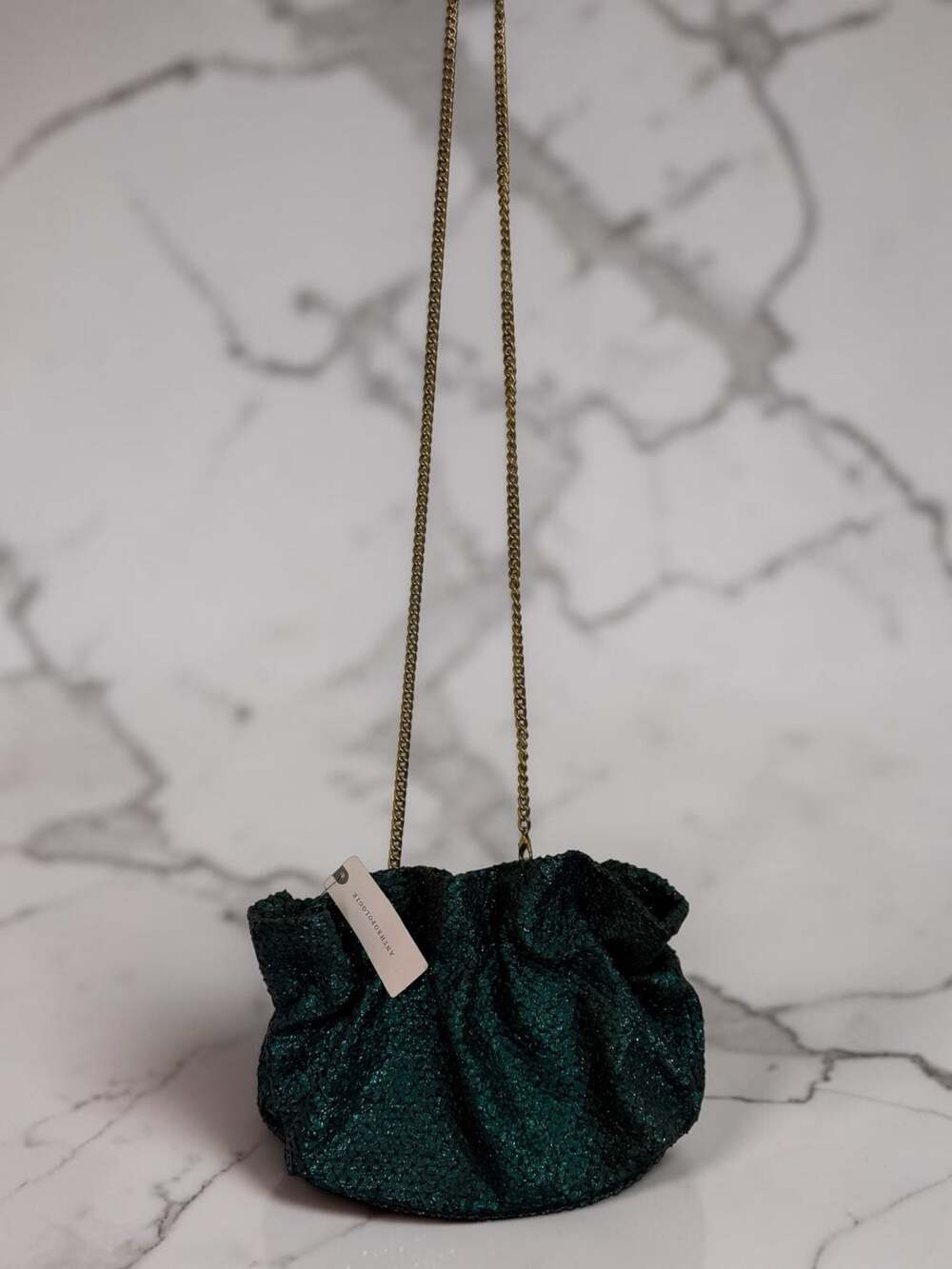 Anthropologie NWT Emerald Green Crinkle Metallic Pouch Bag Gold Chain Strap